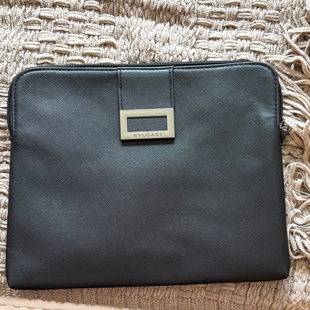 Bulgari Black Zip Pouch with Metal Logo Plaque
